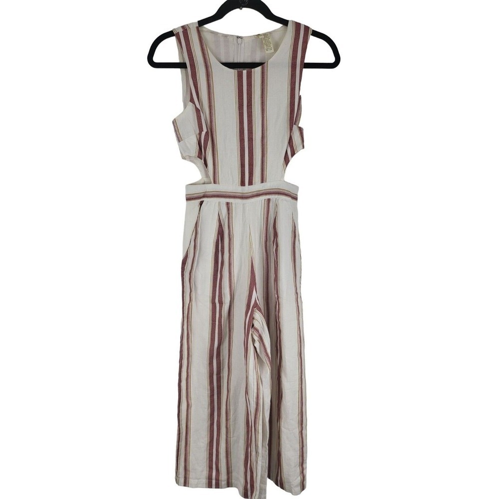Japna Jumpsuit XS Womens Capri Linen Blend White Red Striped Sleeveless‎ Cut Out